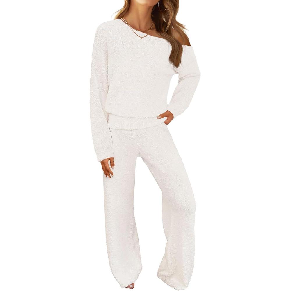 imageMEROKEETY Womens Fall Pajama Set Fuzzy Fleece 2 Piece Loungewear Off Shoulder Sweater Tops Wide Leg Pants Matching OutfitsBeige