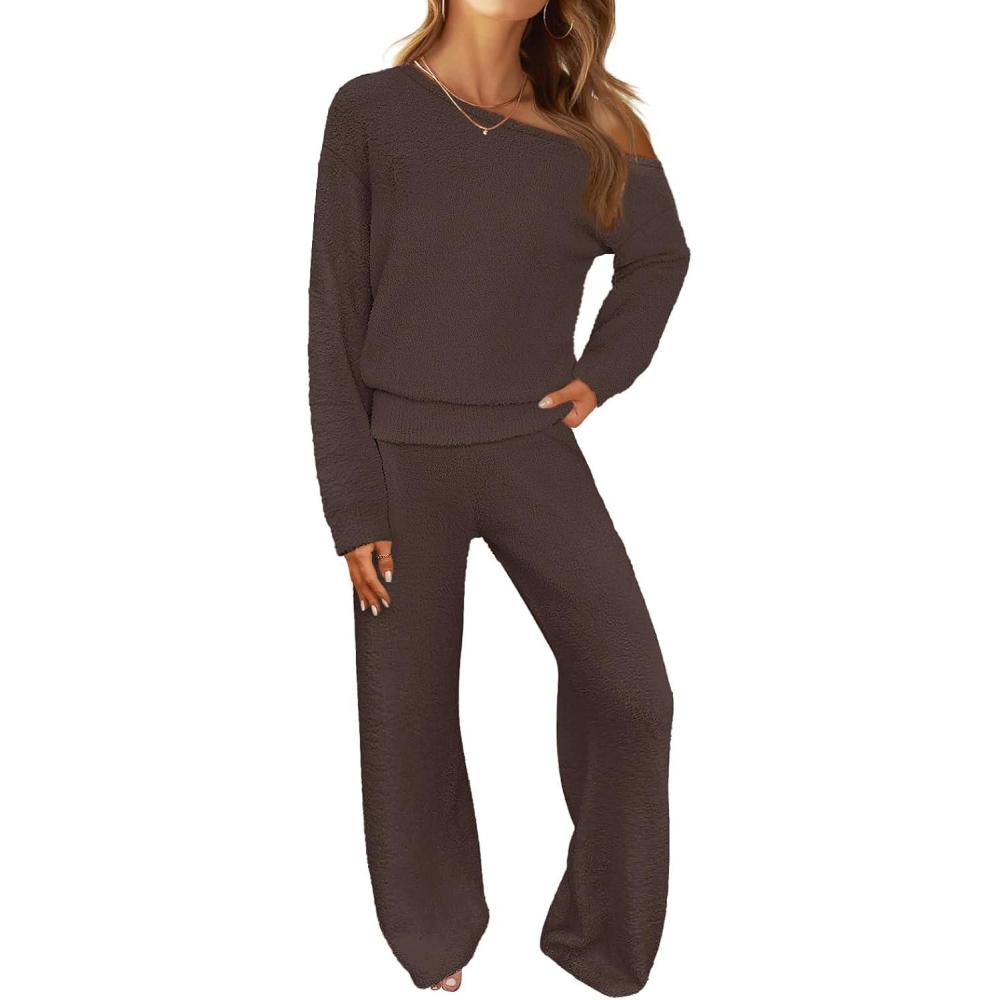 imageMEROKEETY Womens Fall Pajama Set Fuzzy Fleece 2 Piece Loungewear Off Shoulder Sweater Tops Wide Leg Pants Matching OutfitsCoffee
