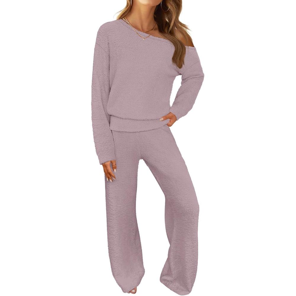 imageMEROKEETY Womens Fall Pajama Set Fuzzy Fleece 2 Piece Loungewear Off Shoulder Sweater Tops Wide Leg Pants Matching OutfitsTaro