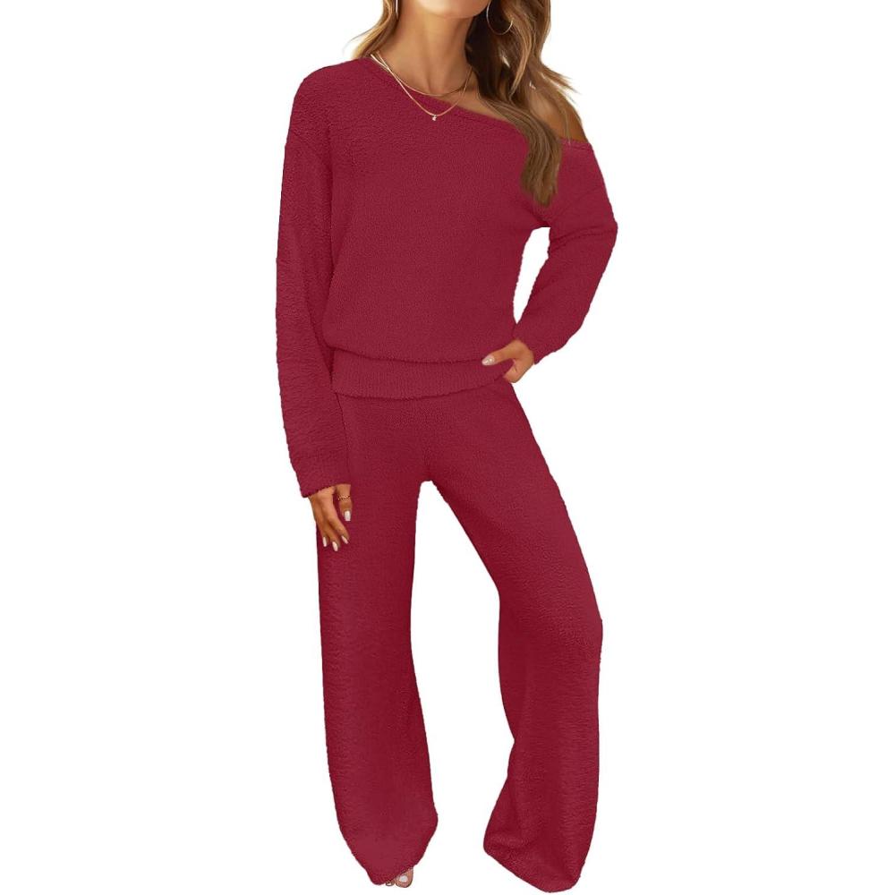 imageMEROKEETY Womens Fall Pajama Set Fuzzy Fleece 2 Piece Loungewear Off Shoulder Sweater Tops Wide Leg Pants Matching OutfitsWine