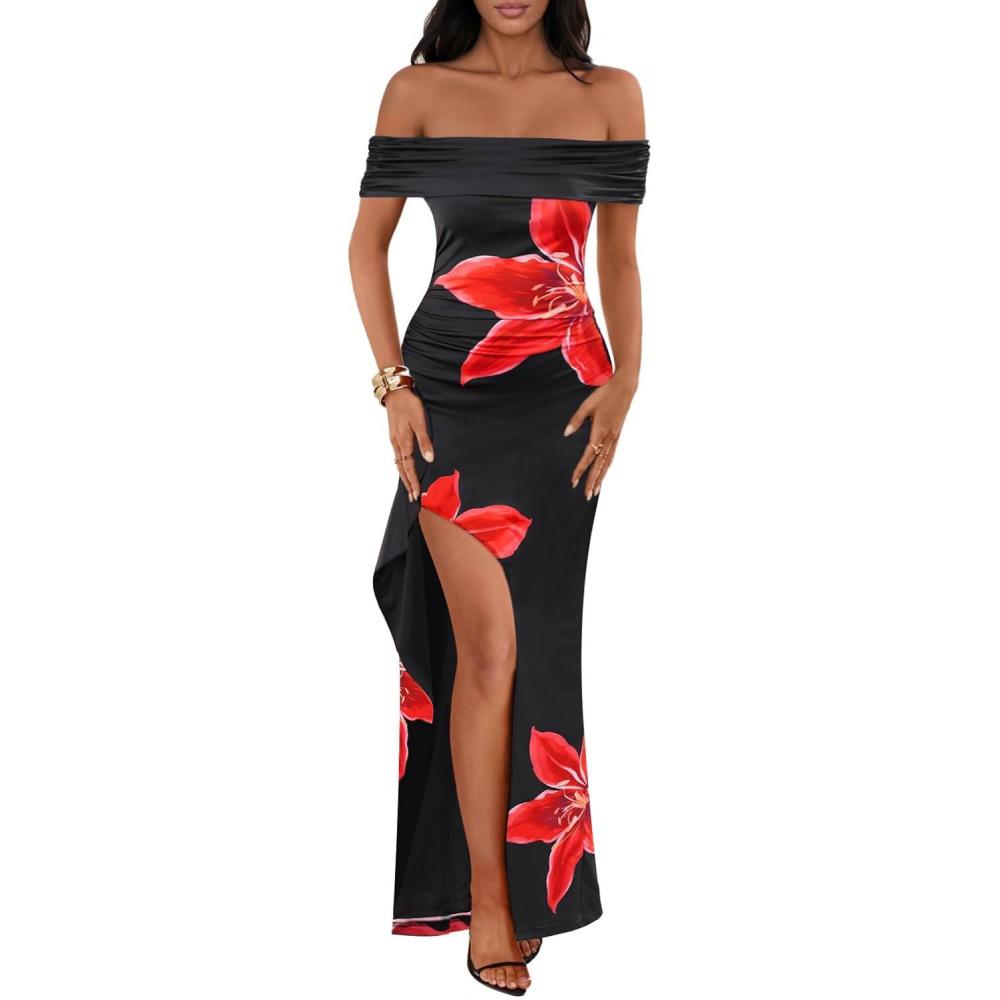 imageMEROKEETY Womens Floral Off Shoulder Maxi Dresses 2025 Sexy High Split Cocktail Wedding Guest DressBlack