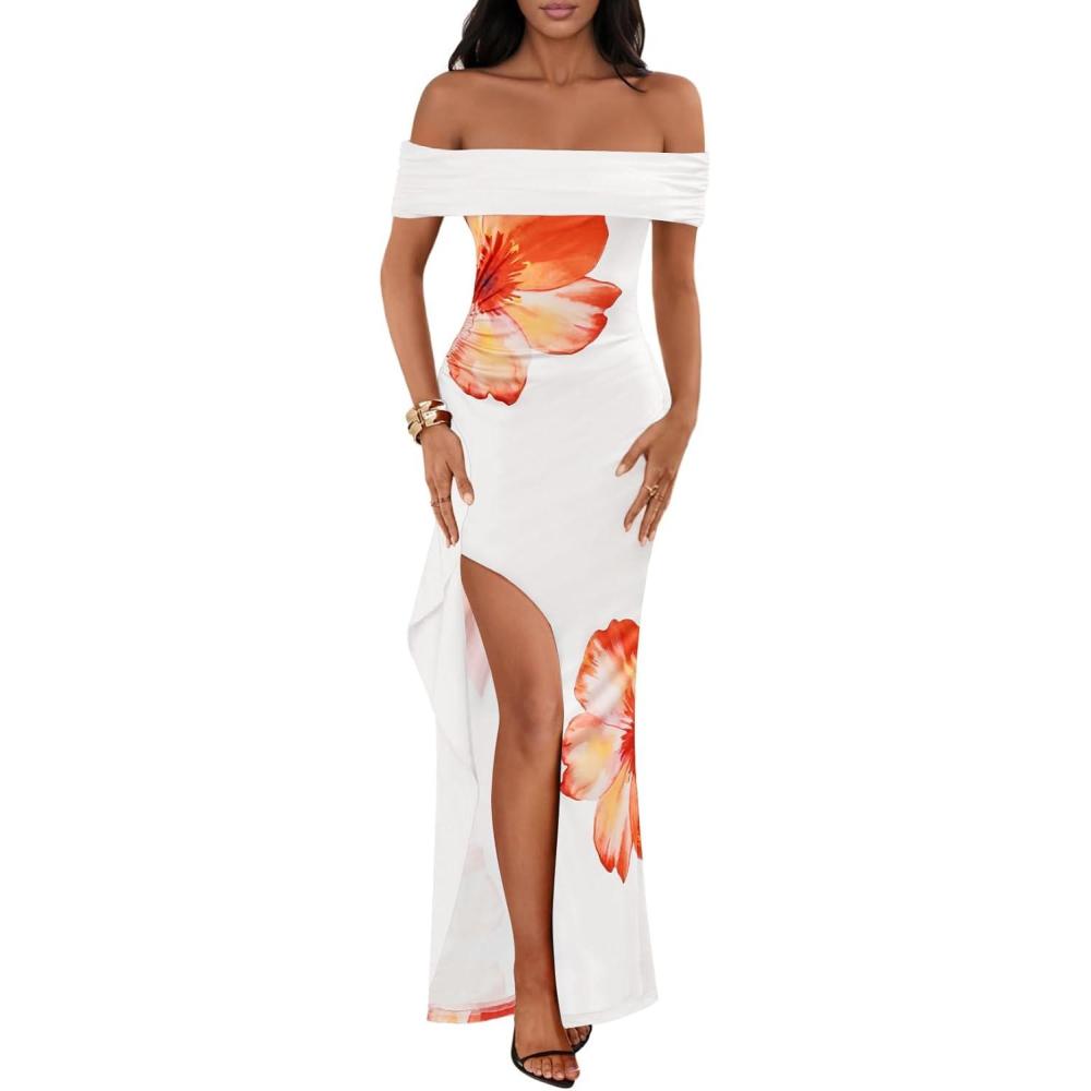 imageMEROKEETY Womens Floral Off Shoulder Maxi Dresses 2025 Sexy High Split Cocktail Wedding Guest DressOrange
