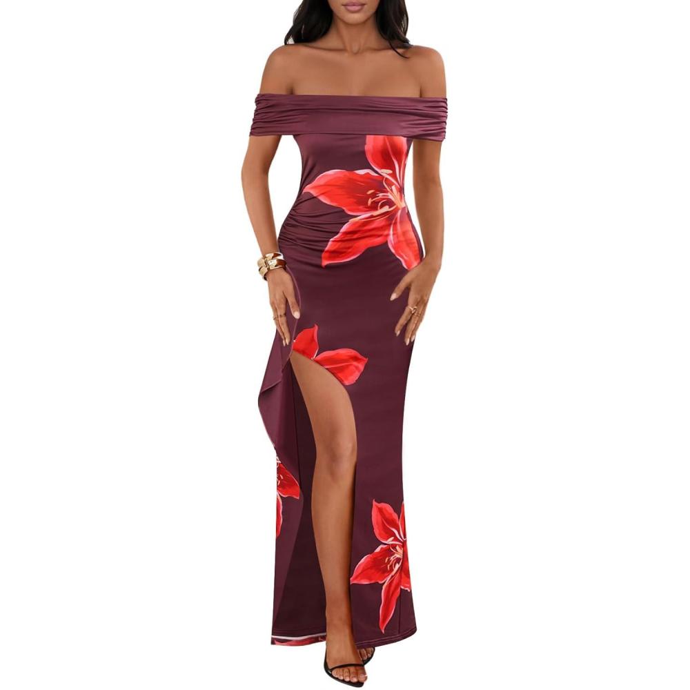 imageMEROKEETY Womens Floral Off Shoulder Maxi Dresses 2025 Sexy High Split Cocktail Wedding Guest DressWine