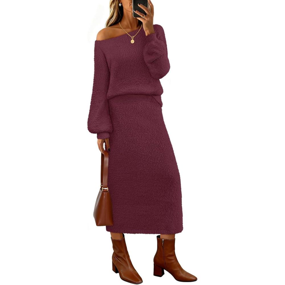 imageMEROKEETY Womens Fuzzy 2 Piece Outfit Winter Long Sleeve Off Shoulder Pullover Top Midi Skirt Matching Lounge SetsMaroon