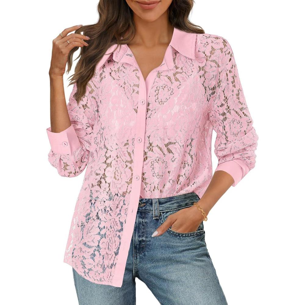 imageMEROKEETY Womens Lace Long Sleeve Tops Dressy Casual Blouse Button Down Sheer Elegant Summer ShirtsPink