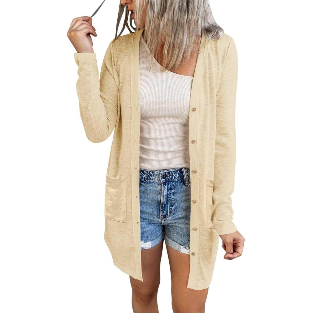 imageMEROKEETY Womens Lightweight Cardigan Summer Long Open Front Button Down Trendy Loose Outwear with PocketsApricot