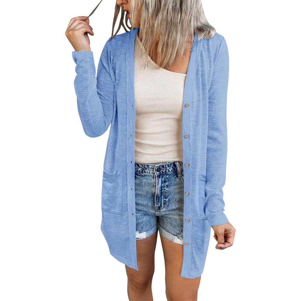 imageMEROKEETY Womens Lightweight Cardigan Summer Long Open Front Button Down Trendy Loose Outwear with PocketsBlue