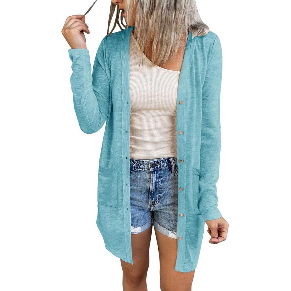 imageMEROKEETY Womens Lightweight Cardigan Summer Long Open Front Button Down Trendy Loose Outwear with PocketsLakeblue