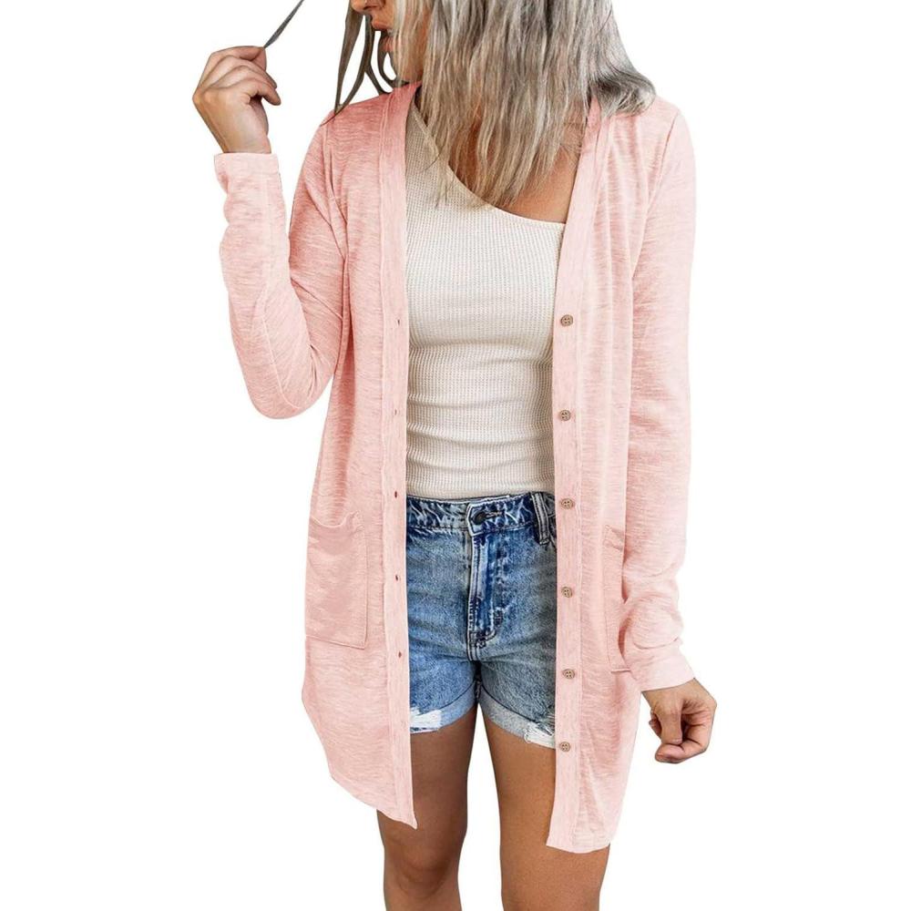 imageMEROKEETY Womens Lightweight Cardigan Summer Long Open Front Button Down Trendy Loose Outwear with PocketsLightpink