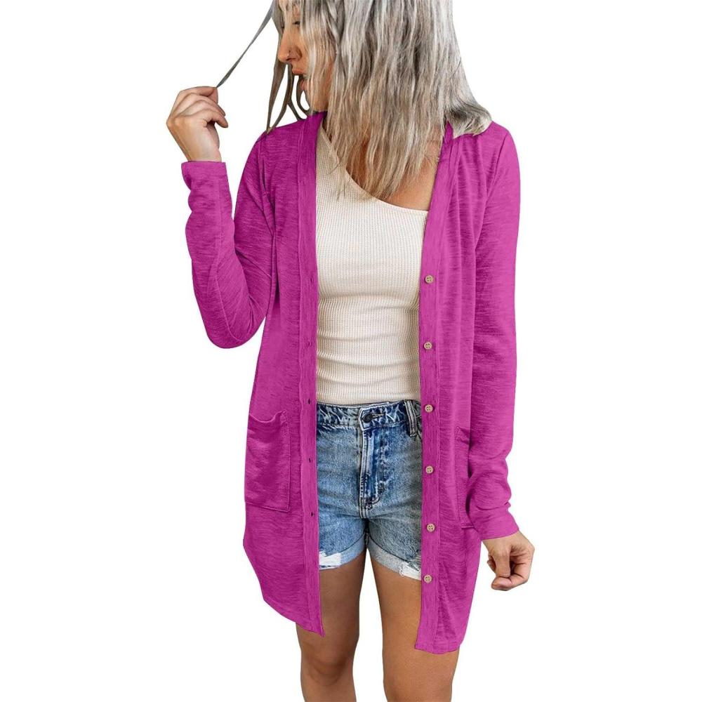imageMEROKEETY Womens Lightweight Cardigan Summer Long Open Front Button Down Trendy Loose Outwear with PocketsMagenta