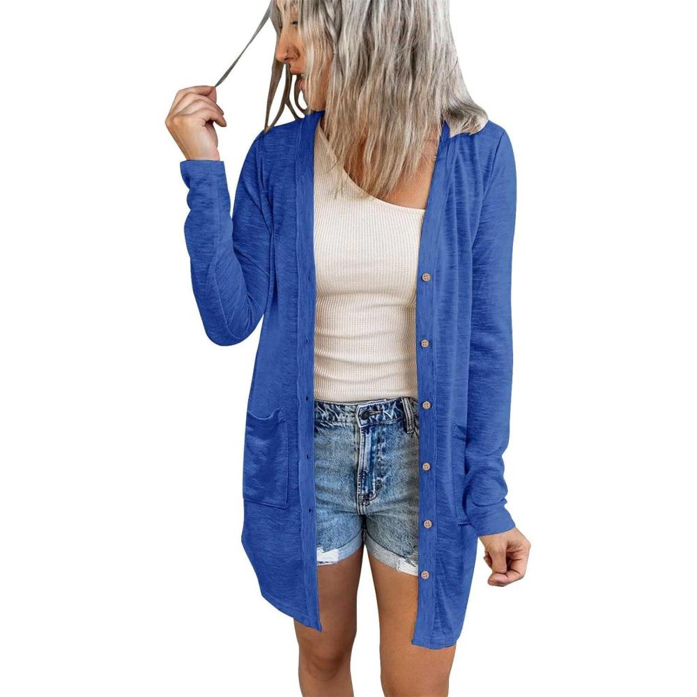 imageMEROKEETY Womens Lightweight Cardigan Summer Long Open Front Button Down Trendy Loose Outwear with PocketsRoyal