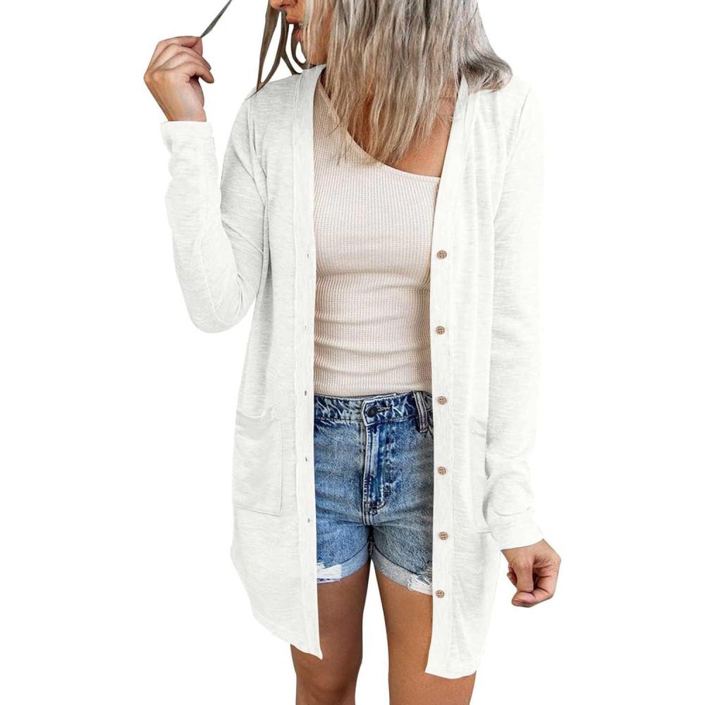 imageMEROKEETY Womens Lightweight Cardigan Summer Long Open Front Button Down Trendy Loose Outwear with PocketsWhite