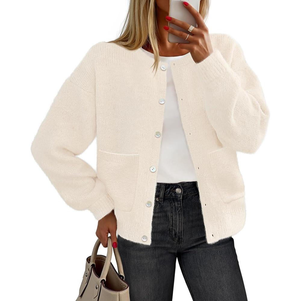 imageMEROKEETY Womens Long Sleeve Knit Cardigan Sweaters 2025 Fall Crewneck Button Open Front Jackets with PocketsBeige