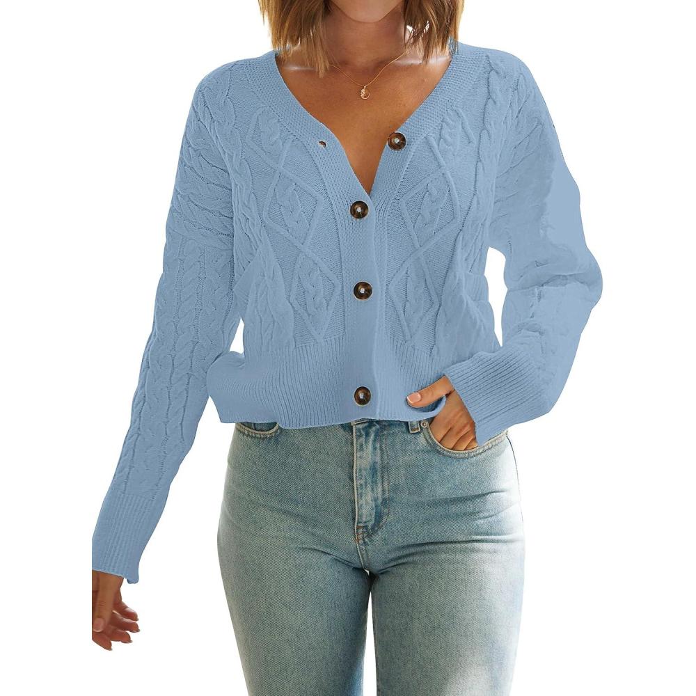 imageMEROKEETY Womens Long Sleeve Open Front Cable Knit Crop Cardigans V Neck Button Sweaters with PocketsBlue