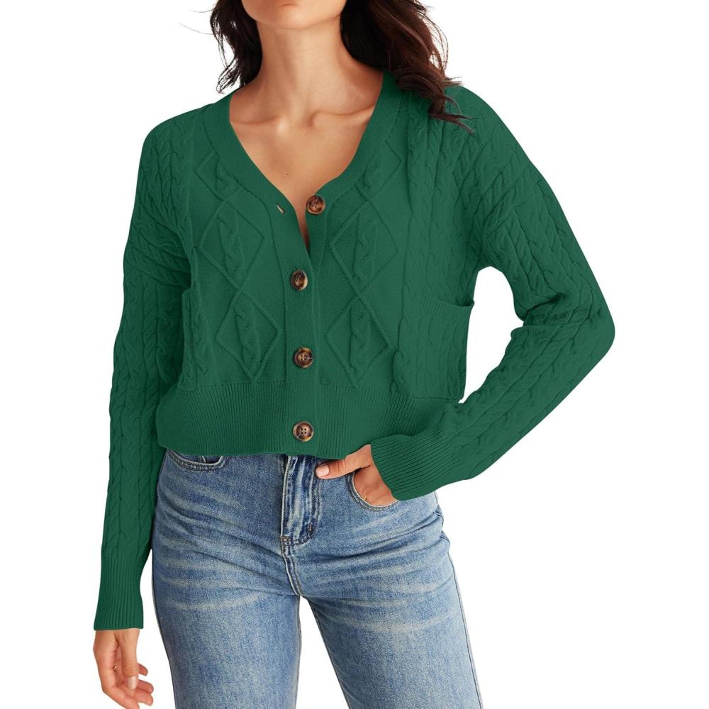 imageMEROKEETY Womens Long Sleeve Open Front Cable Knit Crop Cardigans V Neck Button Sweaters with PocketsDark Green