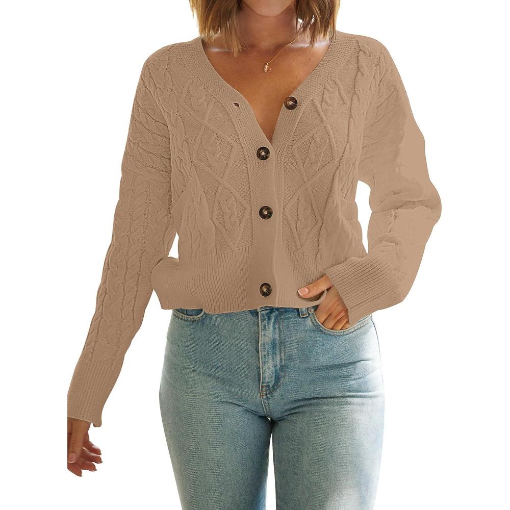 imageMEROKEETY Womens Long Sleeve Open Front Cable Knit Crop Cardigans V Neck Button Sweaters with PocketsKhaki