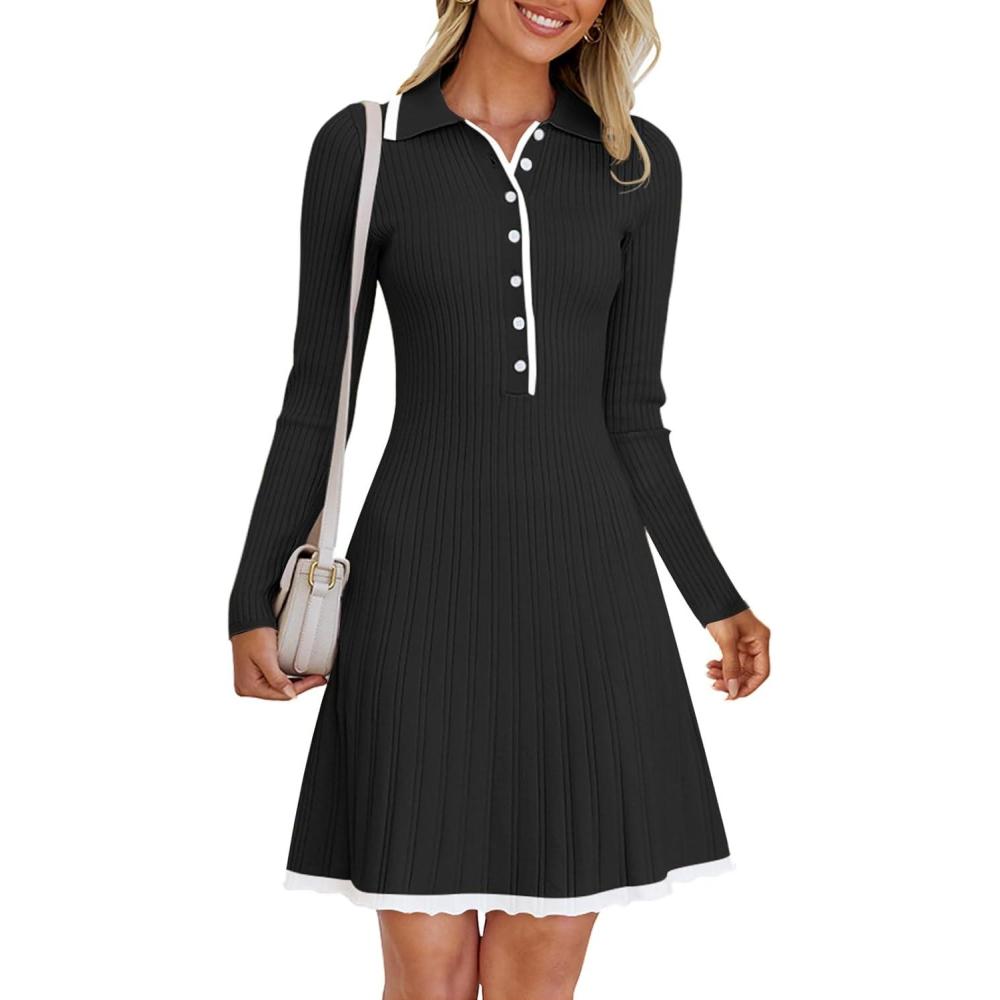 imageMEROKEETY Womens Long Sleeve V Neck Sweater Dress 2026 Fall Button Knit Pleated Mini Work DressesBlack