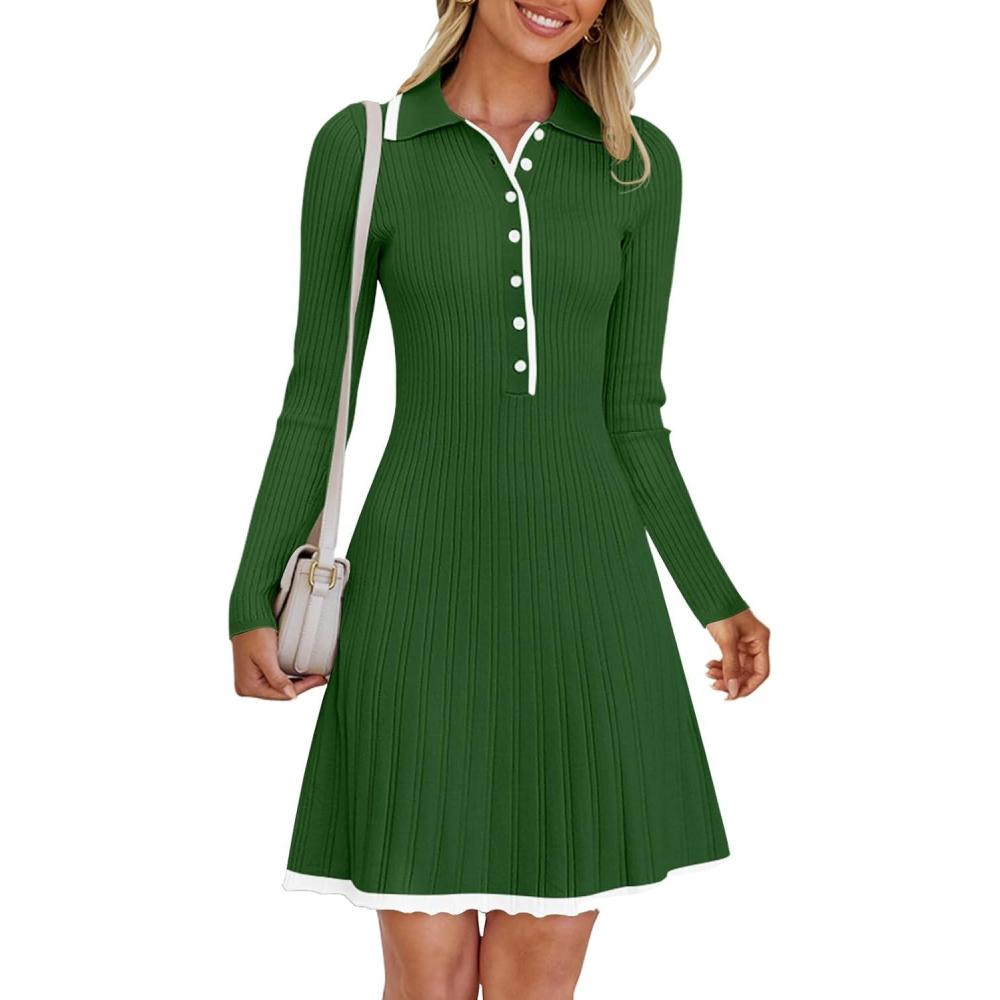 imageMEROKEETY Womens Long Sleeve V Neck Sweater Dress 2026 Fall Button Knit Pleated Mini Work DressesGreen