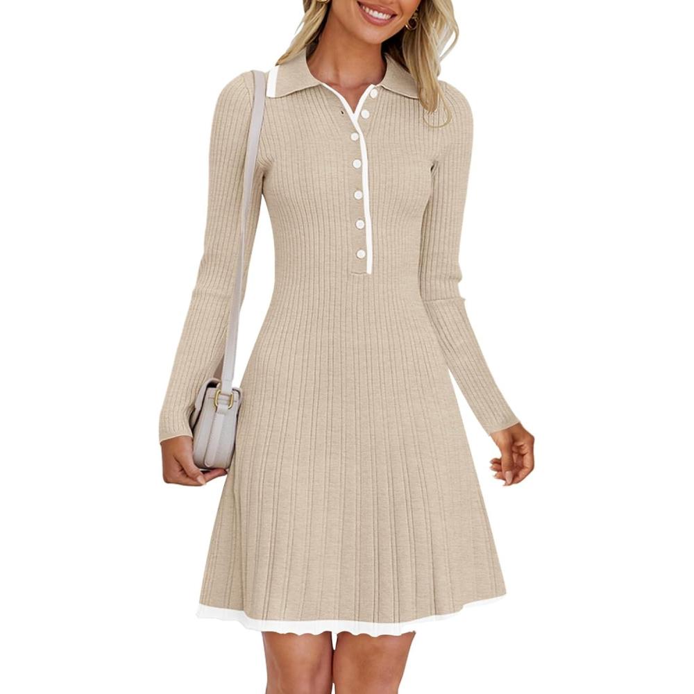 imageMEROKEETY Womens Long Sleeve V Neck Sweater Dress 2026 Fall Button Knit Pleated Mini Work DressesOatmeal
