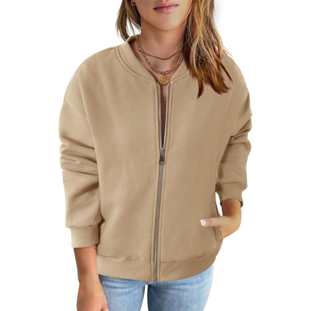 imageMEROKEETY Womens Long Sleeve Zip Up Sweatshirts Jackets Casual Loose Outwear with PocketsKhaki