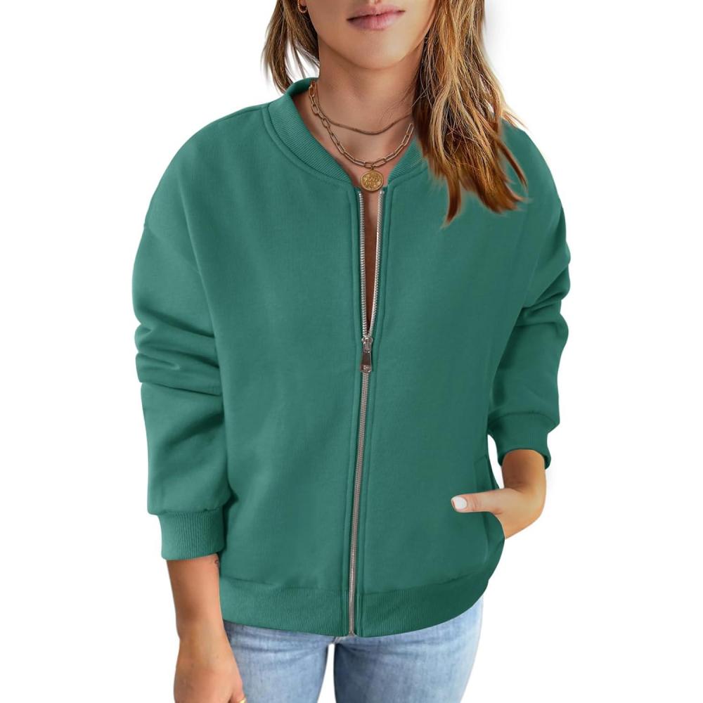 imageMEROKEETY Womens Long Sleeve Zip Up Sweatshirts Jackets Casual Loose Outwear with PocketsLakegreen