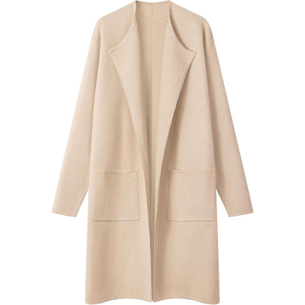 imageMEROKEETY Womens Open Front Coatigan Sweater Long Sleeve Casual Knit Lapel Cardigan Coat with PocketsApricot