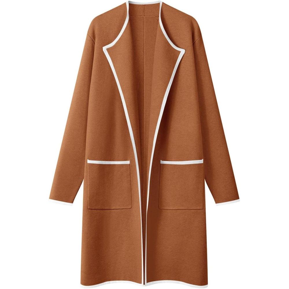 imageMEROKEETY Womens Open Front Coatigan Sweater Long Sleeve Casual Knit Lapel Cardigan Coat with PocketsBlock Caramel