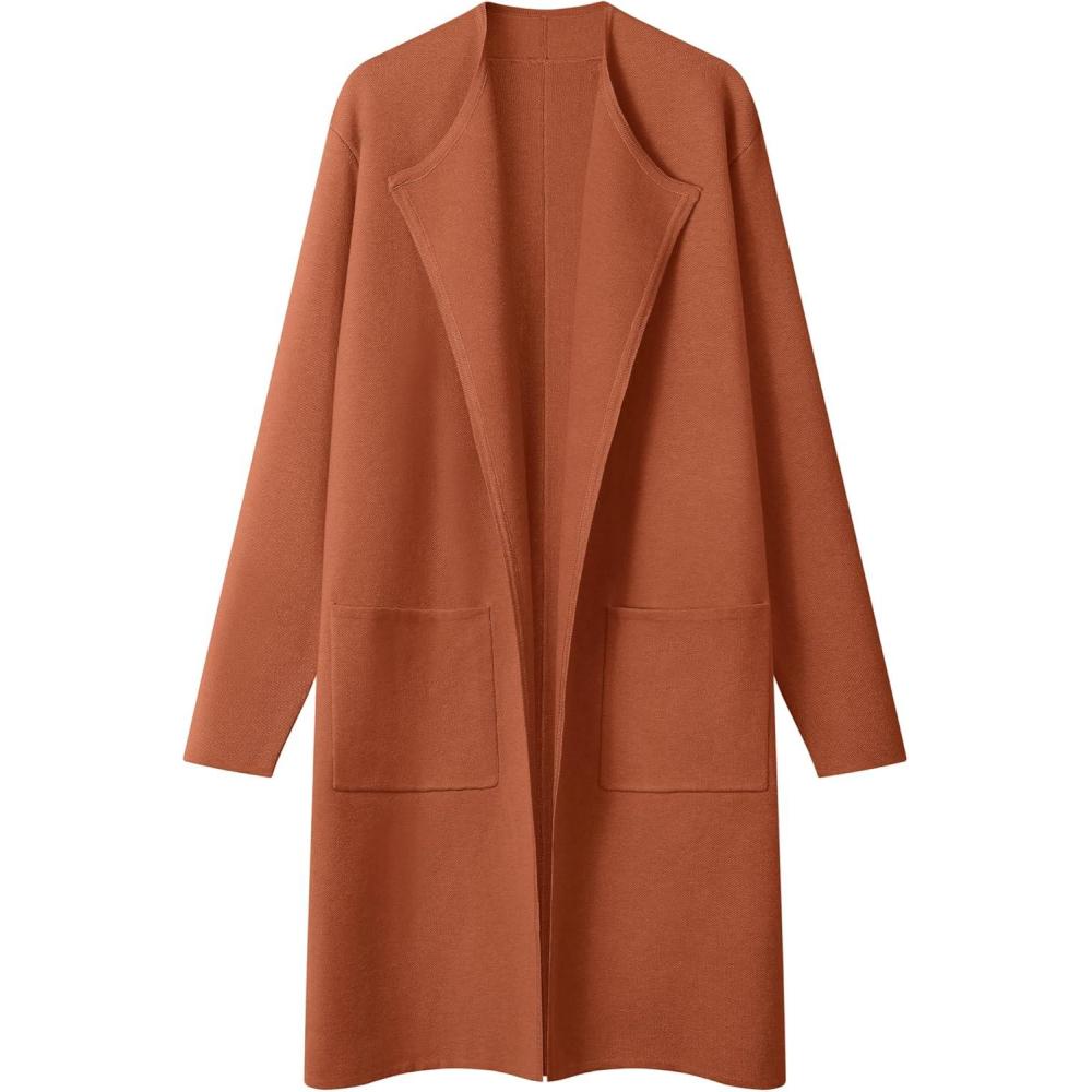 imageMEROKEETY Womens Open Front Coatigan Sweater Long Sleeve Casual Knit Lapel Cardigan Coat with PocketsCaramel
