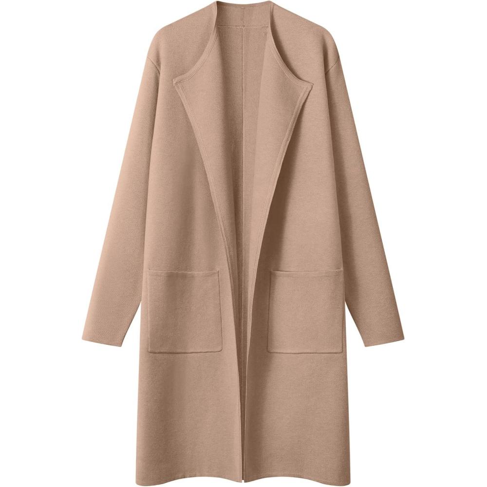 imageMEROKEETY Womens Open Front Coatigan Sweater Long Sleeve Casual Knit Lapel Cardigan Coat with PocketsKhaki
