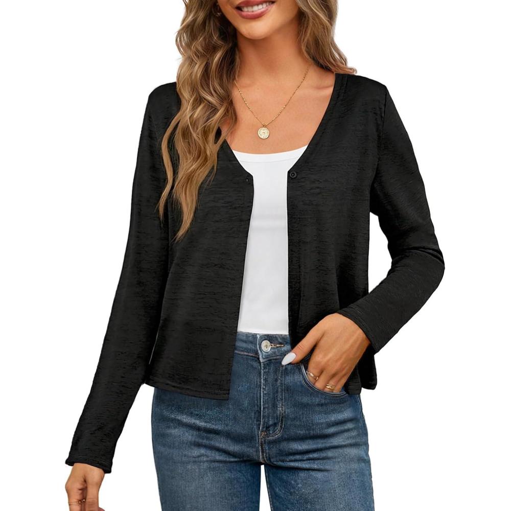 imageMEROKEETY Womens Open Front Lightweight Cardigan 2026 Summer Casual Long Sleeve Button Beach Cover Up TopsBlack