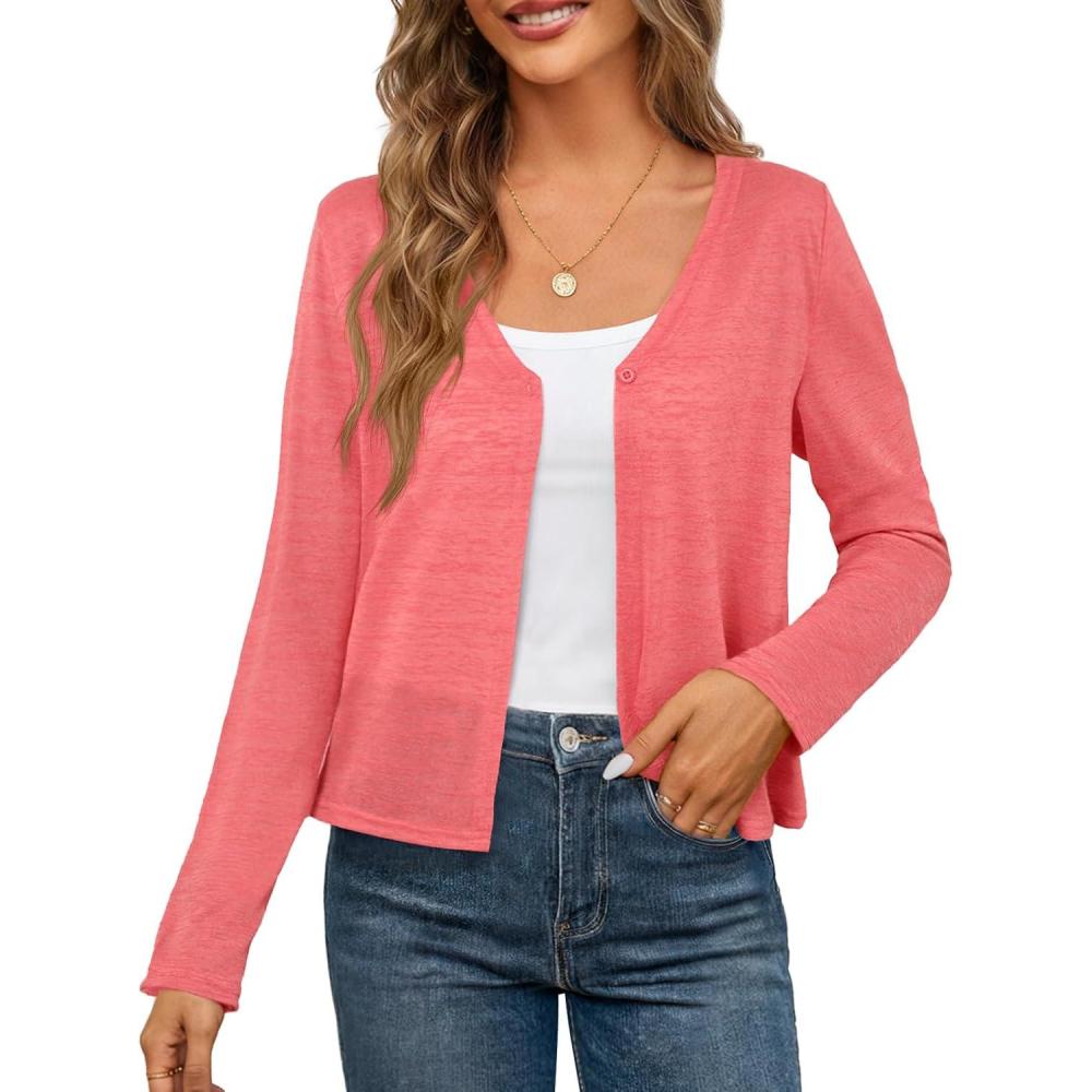 imageMEROKEETY Womens Open Front Lightweight Cardigan 2026 Summer Casual Long Sleeve Button Beach Cover Up TopsCoral Red