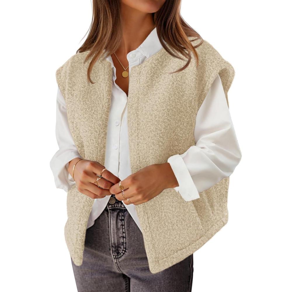 imageMEROKEETY Womens Sleeveless Sherpa Lined Vest 2026 Oversized Outerwear with PocketsApricot