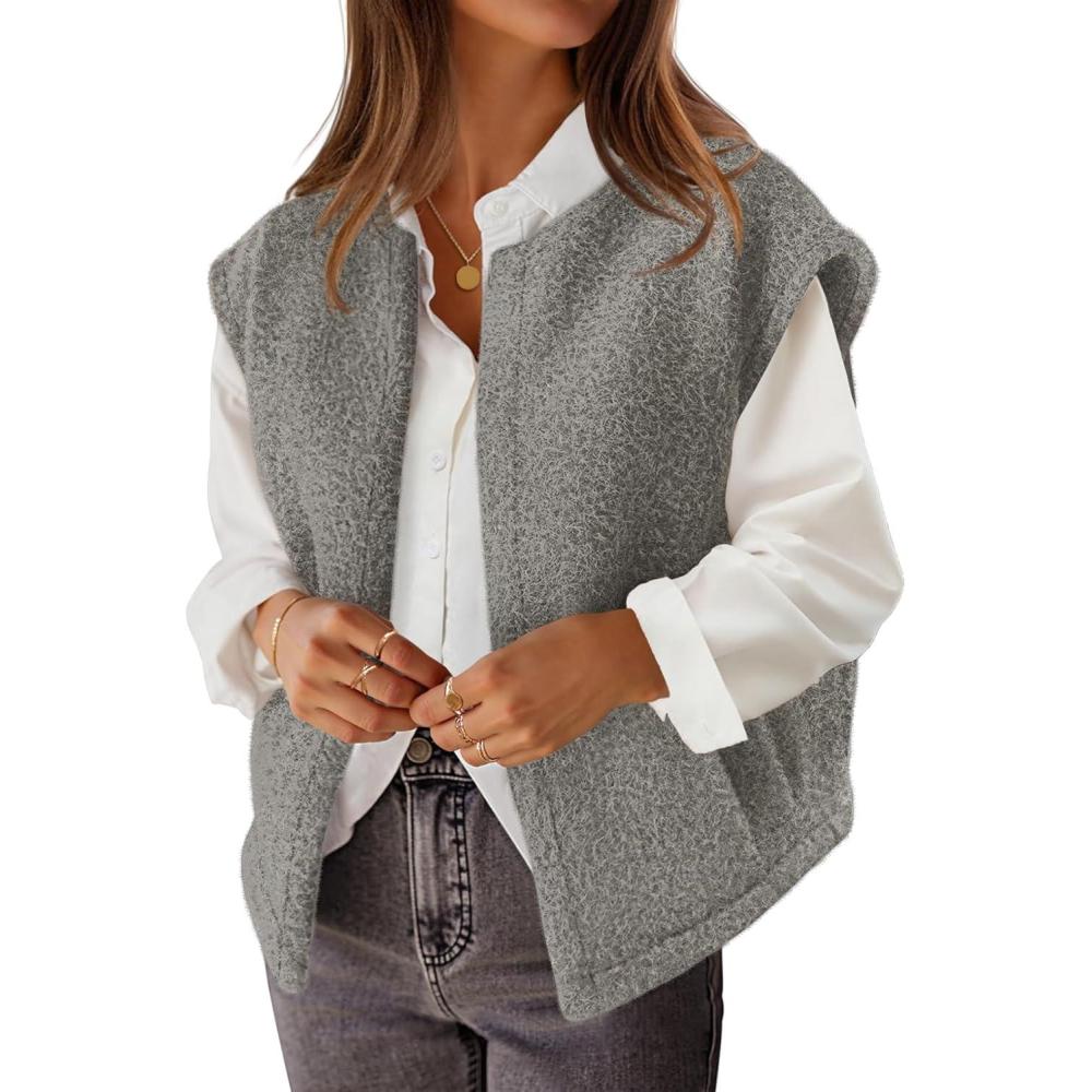 imageMEROKEETY Womens Sleeveless Sherpa Lined Vest 2026 Oversized Outerwear with PocketsDarkgrey