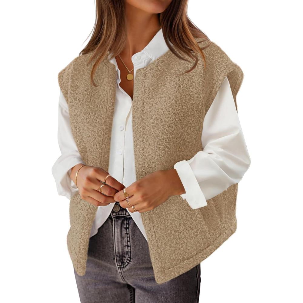 imageMEROKEETY Womens Sleeveless Sherpa Lined Vest 2026 Oversized Outerwear with PocketsKhaki