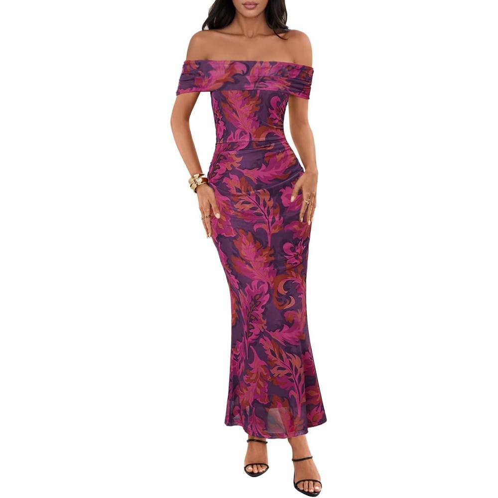 imageMEROKEETY Womens Spring Off Shoulder Floral Maxi Dress 2026 Summer Formal Beach Wedding Guest Cocktail Bodycon DressesPurple