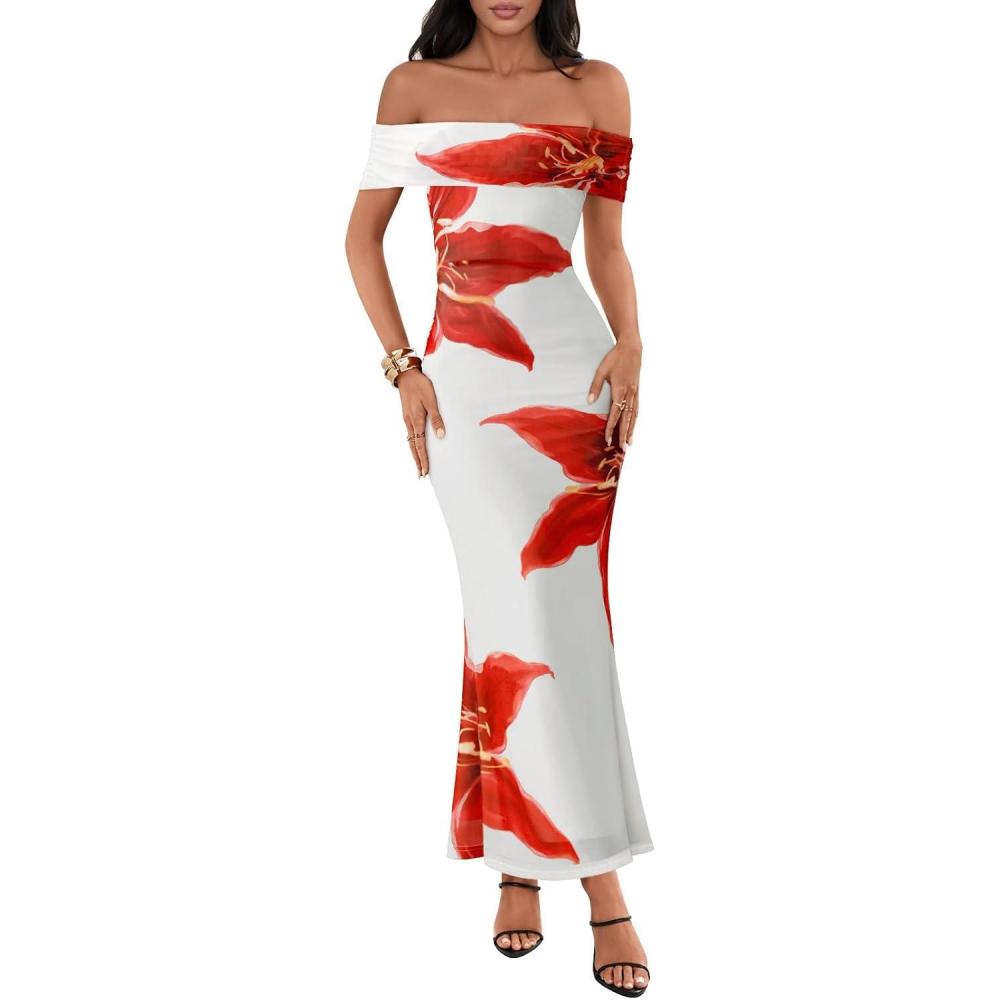 imageMEROKEETY Womens Spring Off Shoulder Floral Maxi Dress 2026 Summer Formal Beach Wedding Guest Cocktail Bodycon DressesRed