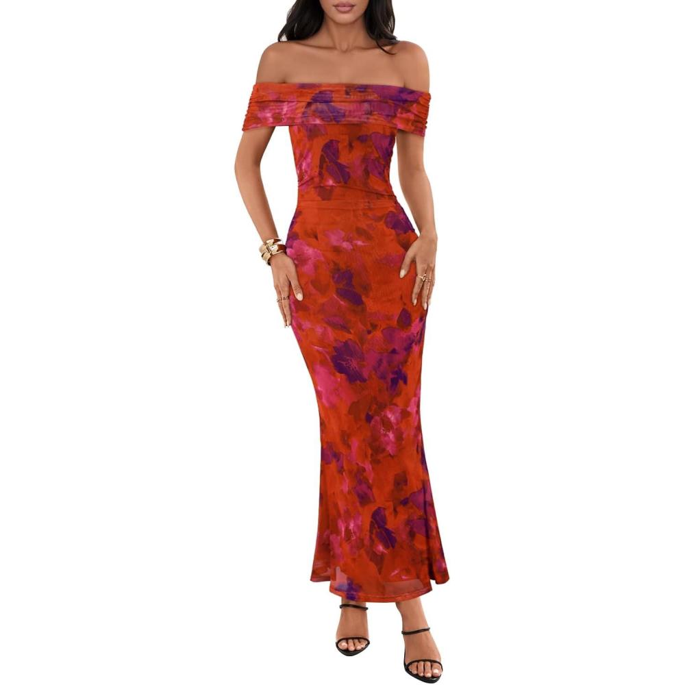 imageMEROKEETY Womens Spring Off Shoulder Floral Maxi Dress 2026 Summer Formal Beach Wedding Guest Cocktail Bodycon DressesRustred