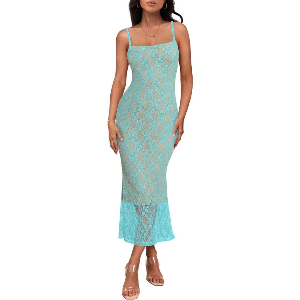 imageMEROKEETY Womens Summer Bodycon Spaghetti Strap Dress Square Neck Lace Wedding Guest Cocktail Maxi DressesLake Blue