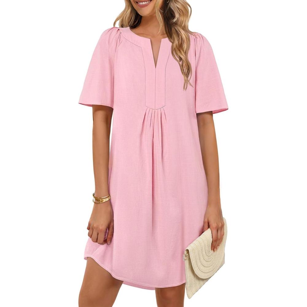 imageMEROKEETY Womens Summer Casual Shift Dresses Beach Vacation Short Sleeve V Neck Spring Mini DressLightpink