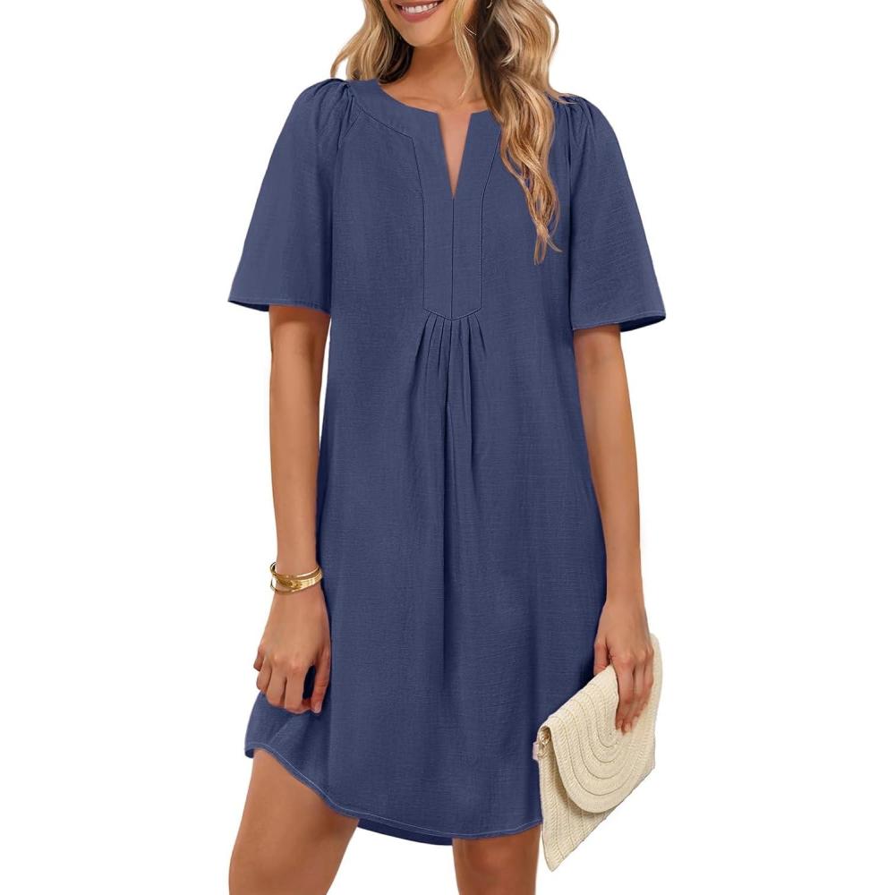 imageMEROKEETY Womens Summer Casual Shift Dresses Beach Vacation Short Sleeve V Neck Spring Mini DressNavy