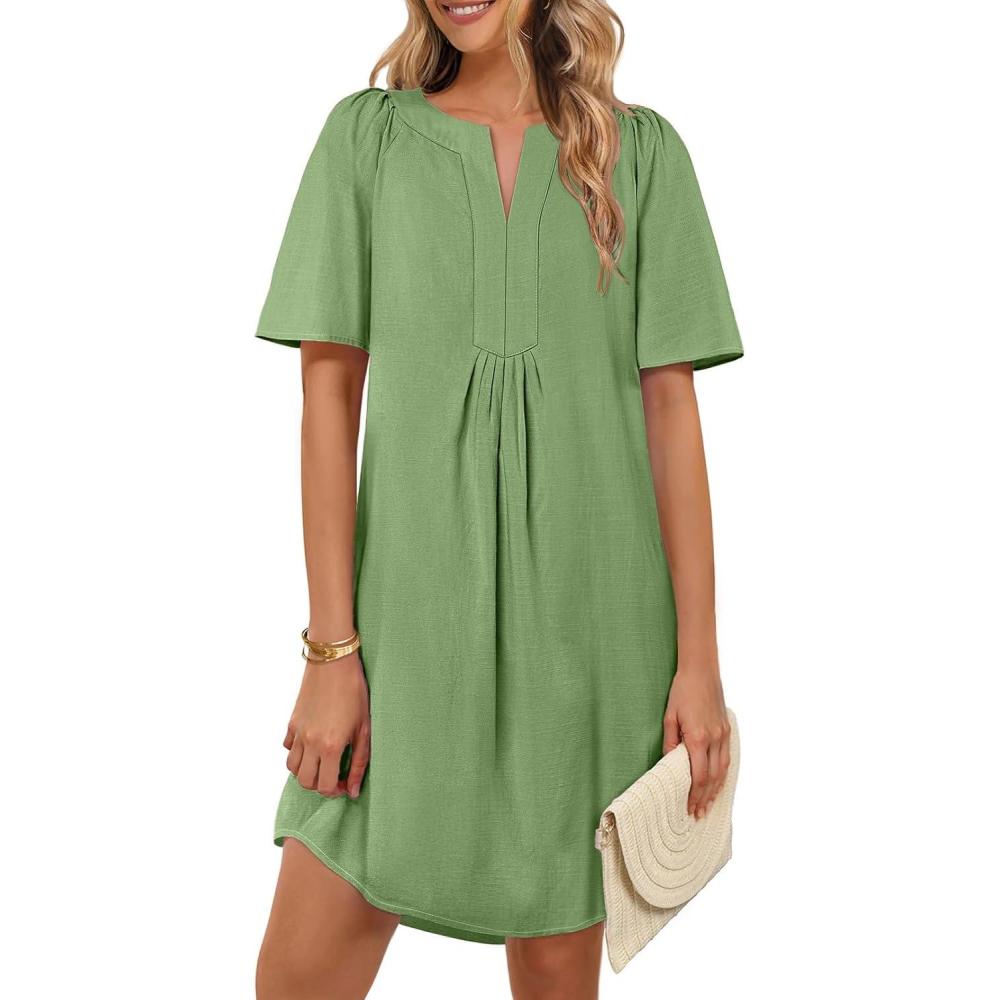 imageMEROKEETY Womens Summer Casual Shift Dresses Beach Vacation Short Sleeve V Neck Spring Mini DressOlive