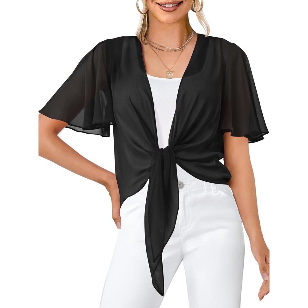 imageMEROKEETY Womens Summer Lightweight Sheer Shrugs Tie Front Chiffon Cardigan Cover Up Shawls for Evening DressesBlack