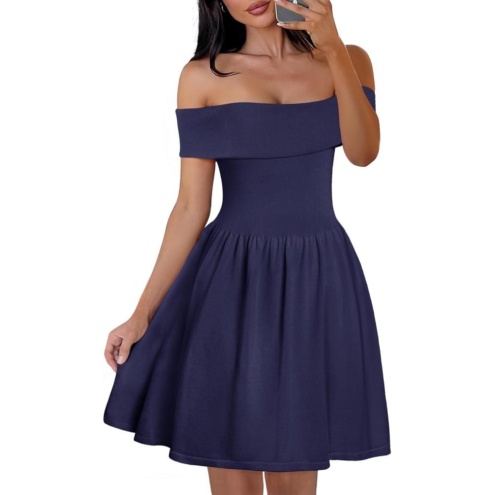 imageMEROKEETY Womens Summer Off Shoulder Mini Dresses 2025 Ruffle A Line Cocktail Party Knit DressNavy