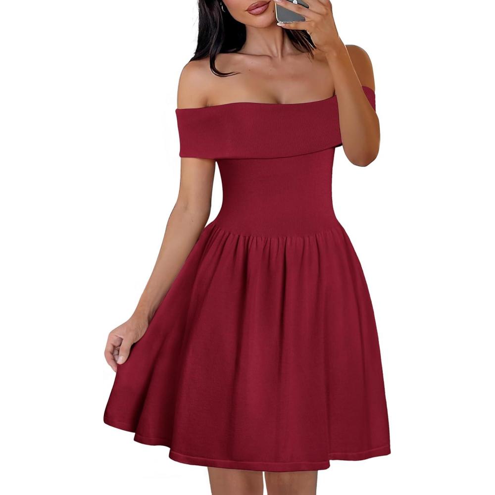 imageMEROKEETY Womens Summer Off Shoulder Mini Dresses 2025 Ruffle A Line Cocktail Party Knit DressWine
