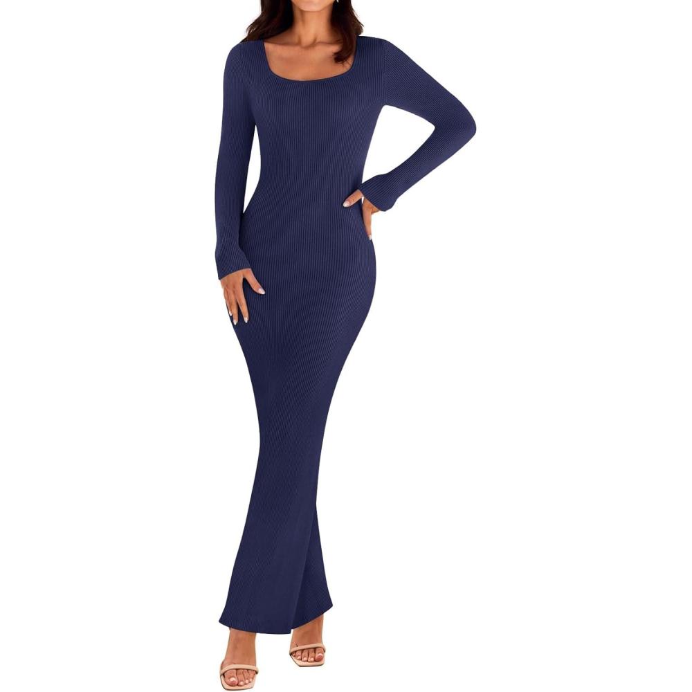 imageMEROKEETY Womens Winter Spring Long Sleeve Bodycon Sweater Dress 2026 Fall Square Neck Ribbed Knit Party Maxi DressesNavy