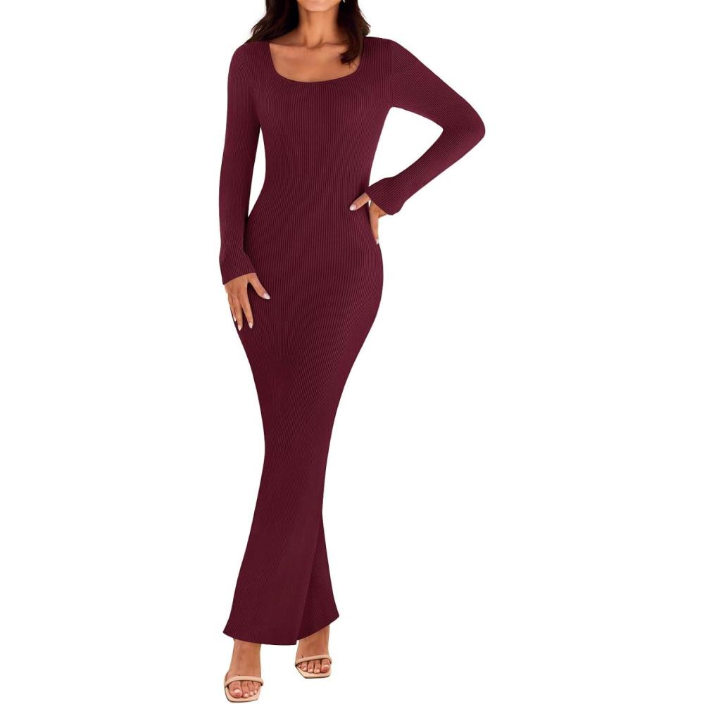 imageMEROKEETY Womens Winter Spring Long Sleeve Bodycon Sweater Dress 2026 Fall Square Neck Ribbed Knit Party Maxi DressesWine
