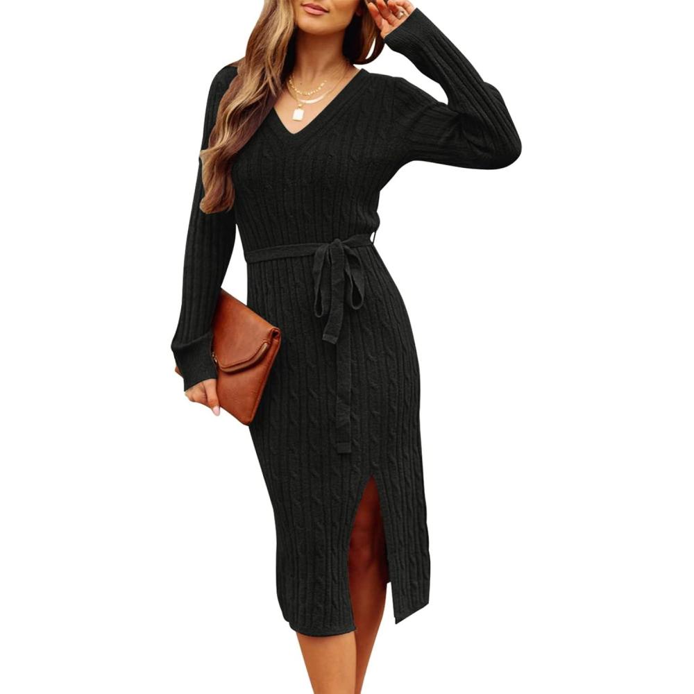 imageMEROKEETY Womens Winter Spring Long Sleeve Sweater Dress 2026 Fall V Neck Cable Knit Slit Bodycon Midi DressesBlack