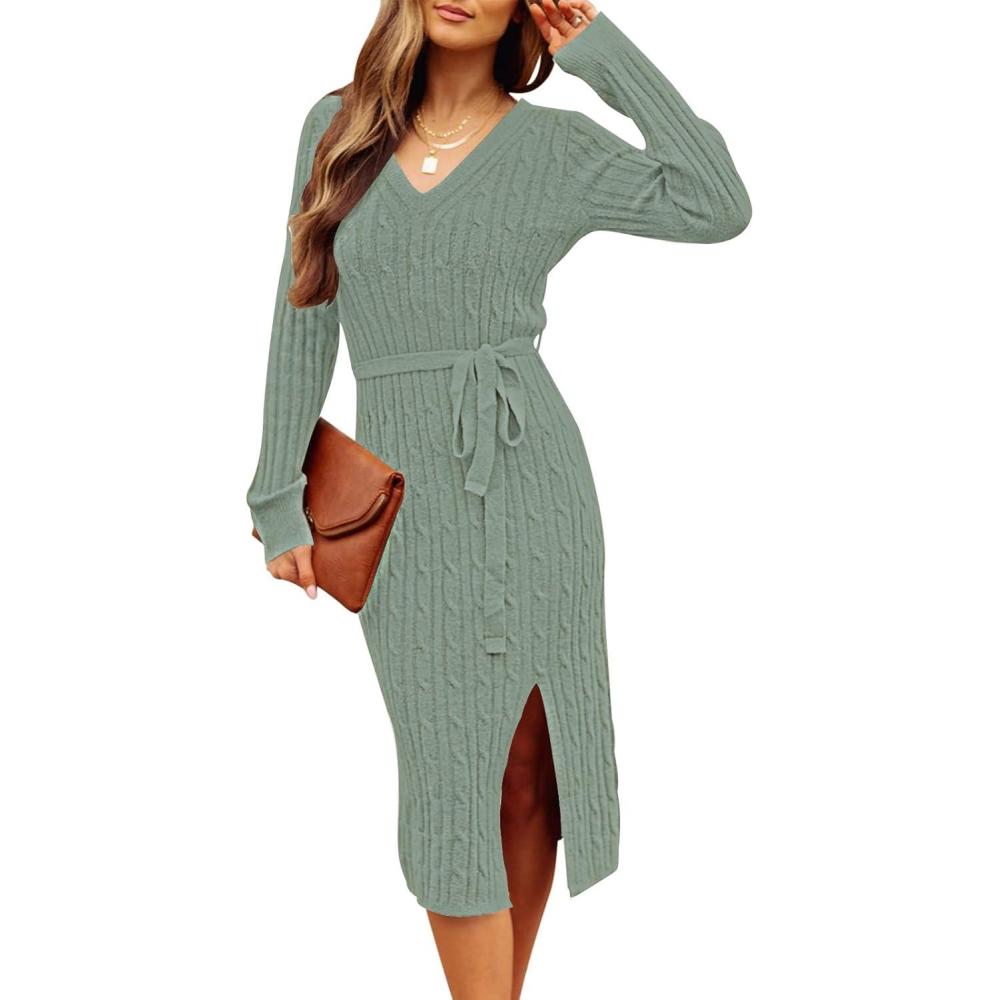 imageMEROKEETY Womens Winter Spring Long Sleeve Sweater Dress 2026 Fall V Neck Cable Knit Slit Bodycon Midi DressesSage