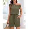 MEROKEETY Rompers for Women 2026 Summer Off The Shoulder Sleeveless Casual Beach Vacation Jumpsuits with Pockets(Army Green)