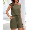 MEROKEETY Rompers for Women 2026 Summer Off The Shoulder Sleeveless Casual Beach Vacation Jumpsuits with Pockets(Army Green)